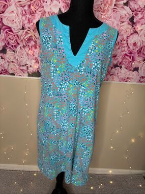 Lands' End Women's Turquoise Blue Floral Sleeveless Knit Shift Split Neck Shift